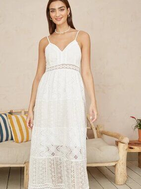Yumi Women's Small White Tiered Maxi Dress With Ruched Back NWT $135 Retail